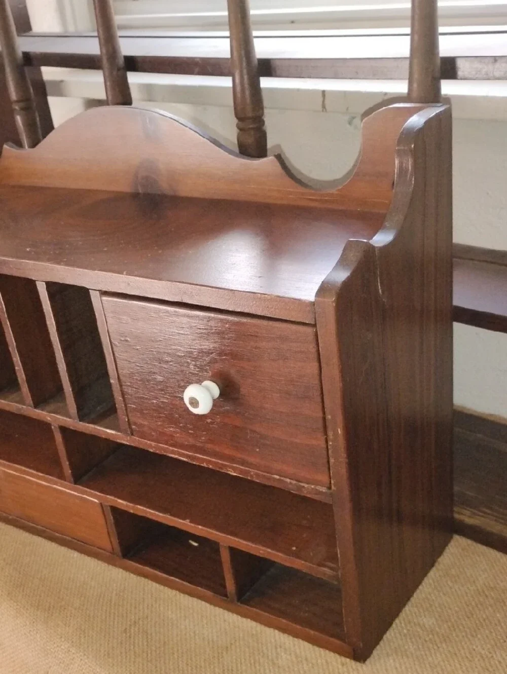 Vintage MCM Wooden Wall Mail CABINET with Drawers - RICH BROWN WOOD 19.5  X 12